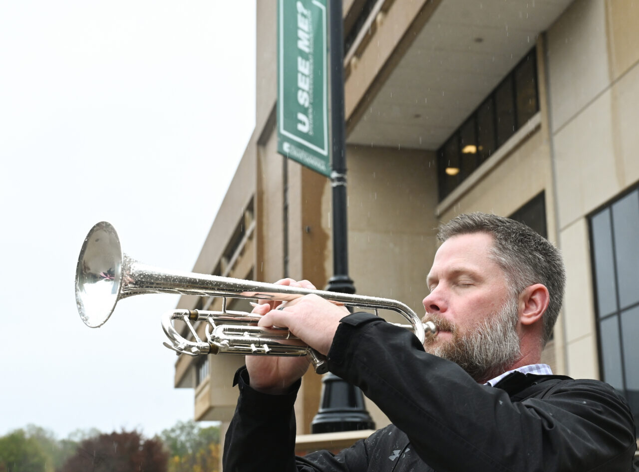 Trumpet players participate in the TAPS Project Friday, Nov. 11, 2022 around the UTC Campus in honor of Veterans Day.
