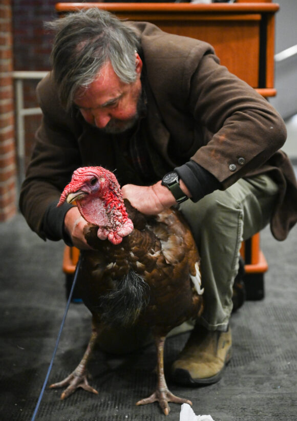 Dr. Jack Zibluk and his pet turkey, Big Red. Photo by Angela Foster.