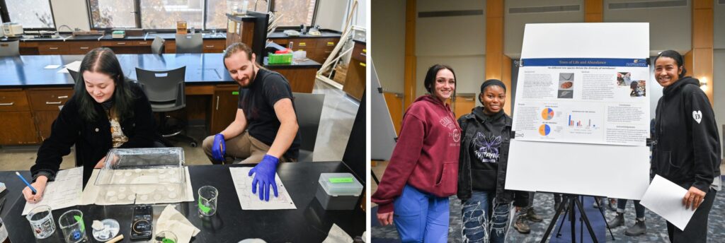 Madison Cassella, left, and Mitch Trice exposed fire ants to various concentrations of pesticides to observe behavioral changes; Emily Molino, Makaila Harris and Ashley Altman collaborated on “Trees of Life and Abundance: Do different tree species dictate the diversity of meiofauna?”