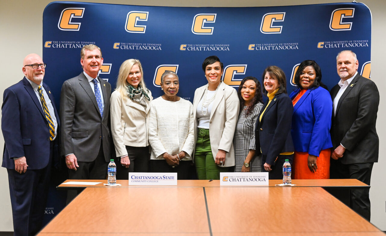 From left: UTC Provost Jerold Hale; UTC Chancellor Steven R. Angle; Chattanooga State President Rebecca Ashford; Chattanooga State Associate Vice President for Academic Affairs Mosunmola George-Taylor; BAS-AL student Roshonda Woods, Solid Waste Manager for the City of Chattanooga and a Chattanooga State alum; Chattanooga State Associate Professor of Business and First Horizon Business Chair of Excellence Clomeisha Tumlin; UC Foundation Professor and BAS-AL Program Adviser Beth Crawford; Chattanooga State Director of Recruitment and Orientation Kisha Thomas; and Associate Dean of College of Health, Education and Professional Studies, Professor and Director of Learning and Leadership Programs David Rausch.
