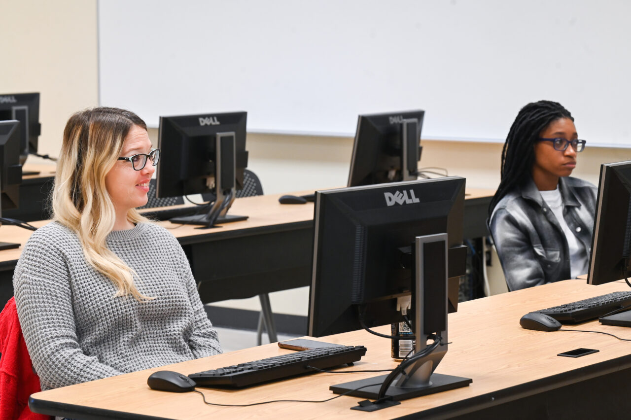 Scarlett Gordy, left, and Mischka Scott are two students in the new Bachelor of Applied Science in Information Technology in Cybersecurity degree program at UTC. Photo by Angela Foster.