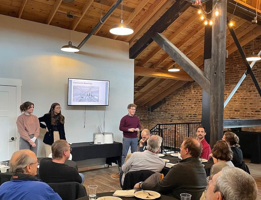 UTC students, from left, Robyn Wood, Selah Robertson and Landon Parker, presented their interior architecture and design ideas to members of the Chattanooga chapter of the American Institute of Architecture. Photo credit: Jessica Etheridge.