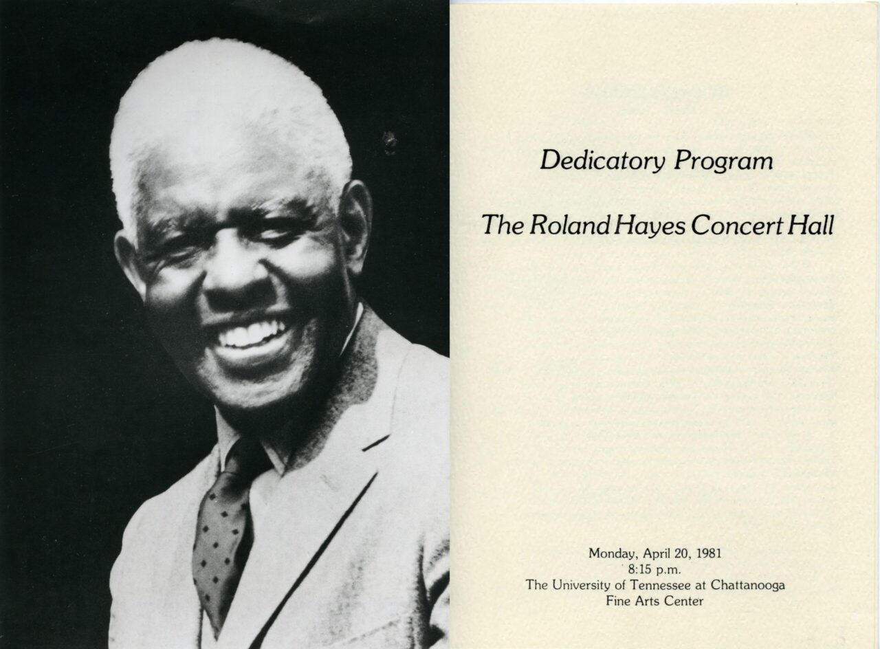 Roland Hayes photo and program from the dedication of the Roland Hayes Concert Hall courtesy of the University of Tennessee at Chattanooga Special Collections.