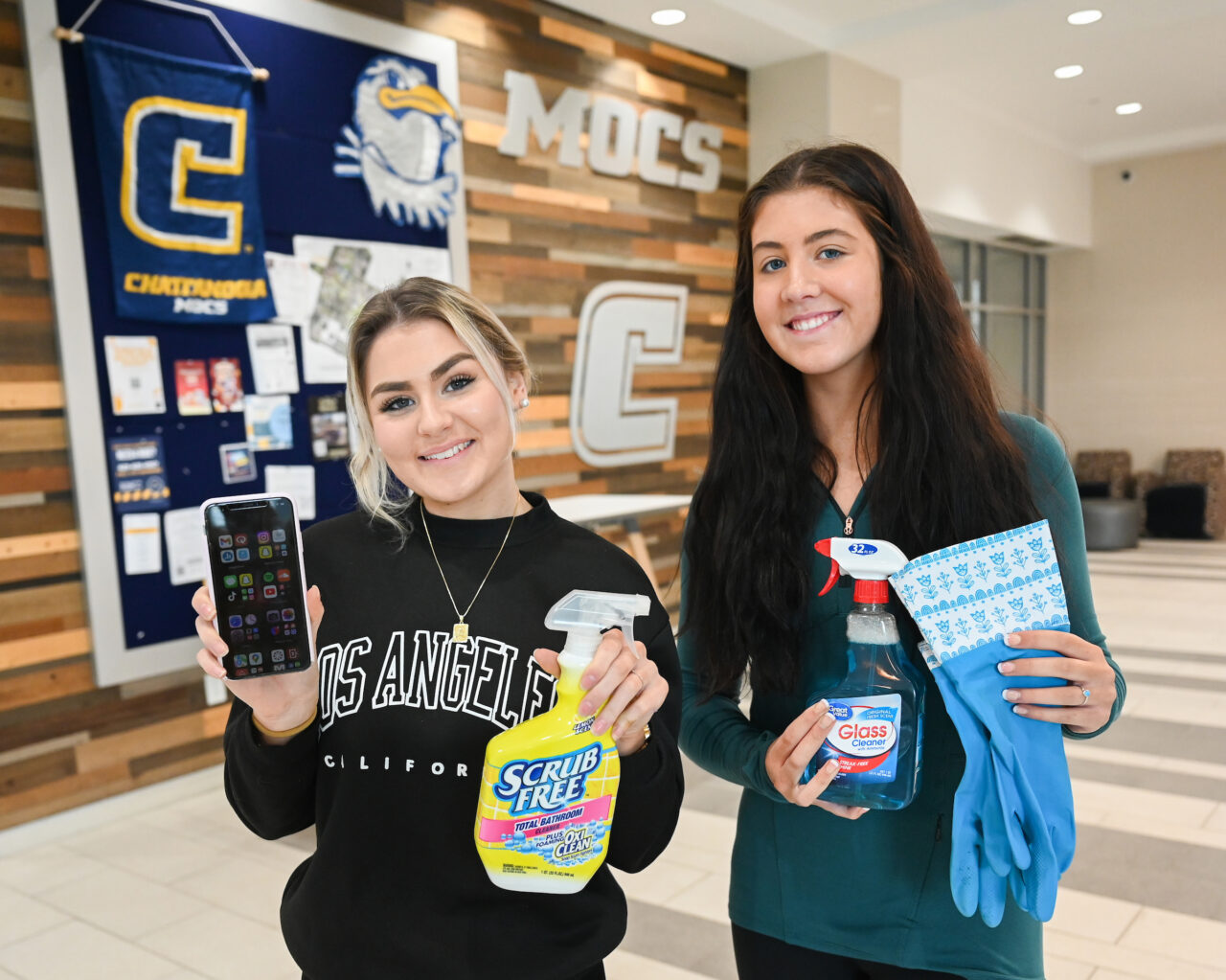 Freshmen Alayna Grover, left, and Brooke McFarlin plan to develop a business through an app that will assist college students in finding other college students to hire for various tasks, such as cleaning. Photo by Angela Foster.