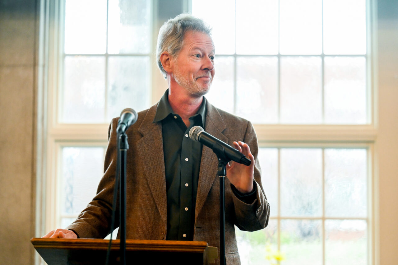 Greg O’Dea speaks during the innagural Greg O’Dea lecture series Friday, Feb. 24, 2023 in Guerry Hall.