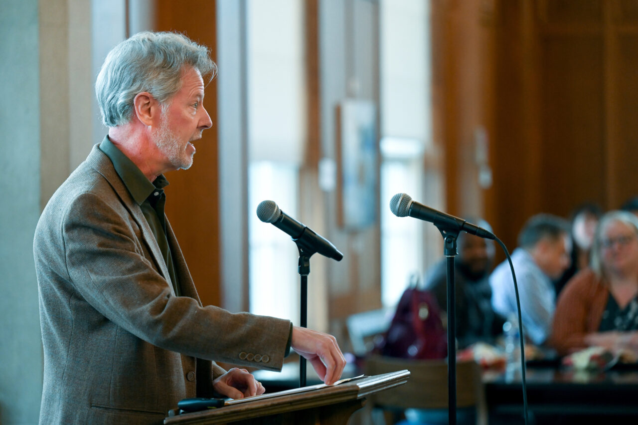 Greg O’Dea speaks during the innagural Greg O’Dea lecture series Friday, Feb. 24, 2023 in Guerry Hall.