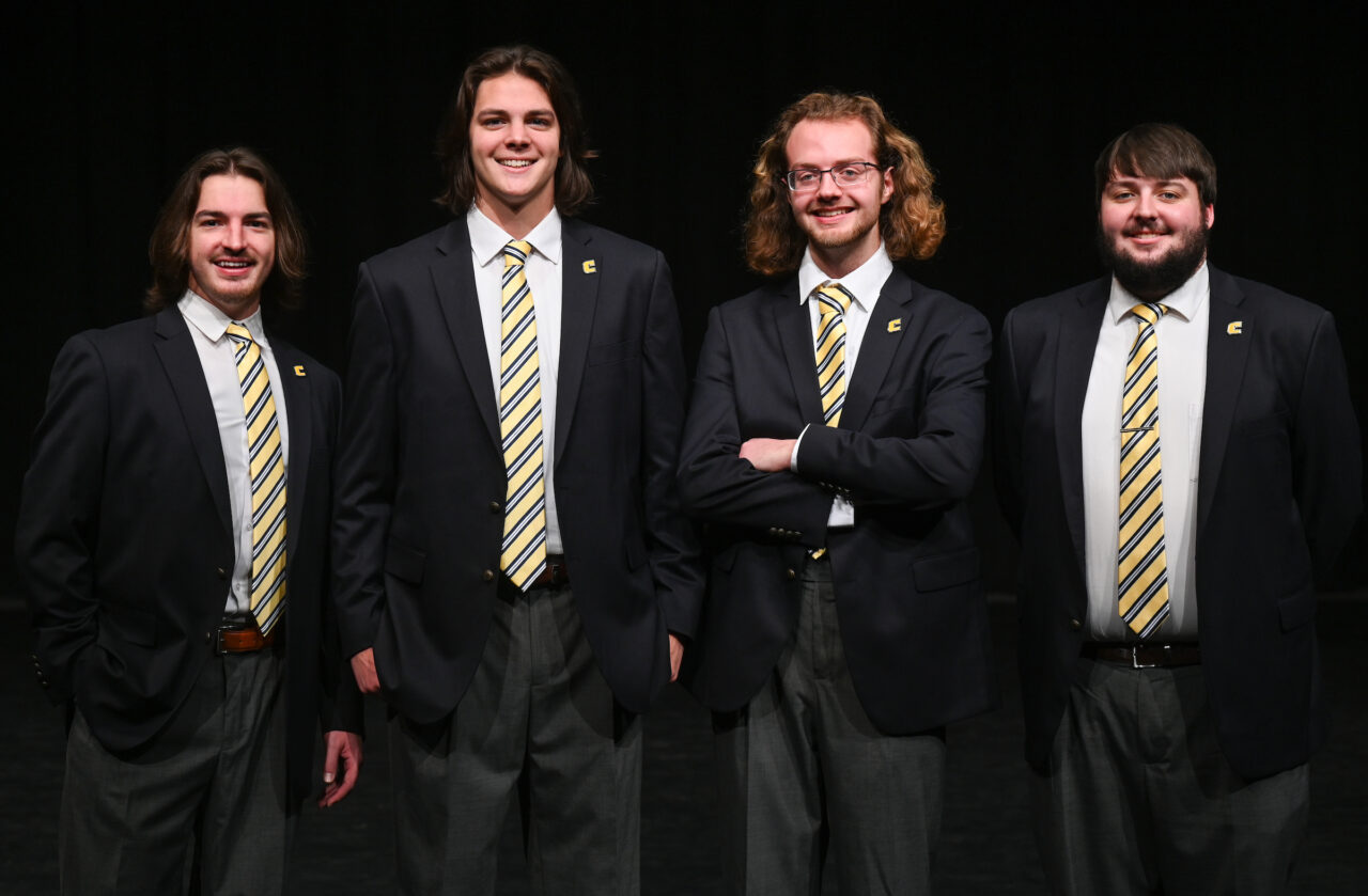 The Guthrie Quartet rehearses Tuesday, Jan. 31, 2023 in the Roland Hayes auditorium. Will Lowery, Owen Langford, Ryan Berry and Gabriel Hubbard, from left.