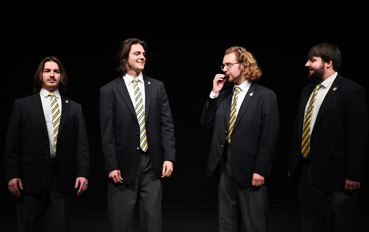 The Guthrie Quartet rehearses Tuesday, Jan. 31, 2023 in the Roland Hayes auditorium. Will Lowery, Owen Langford, Ryan Berry and Gabriel Hubbard, from left.