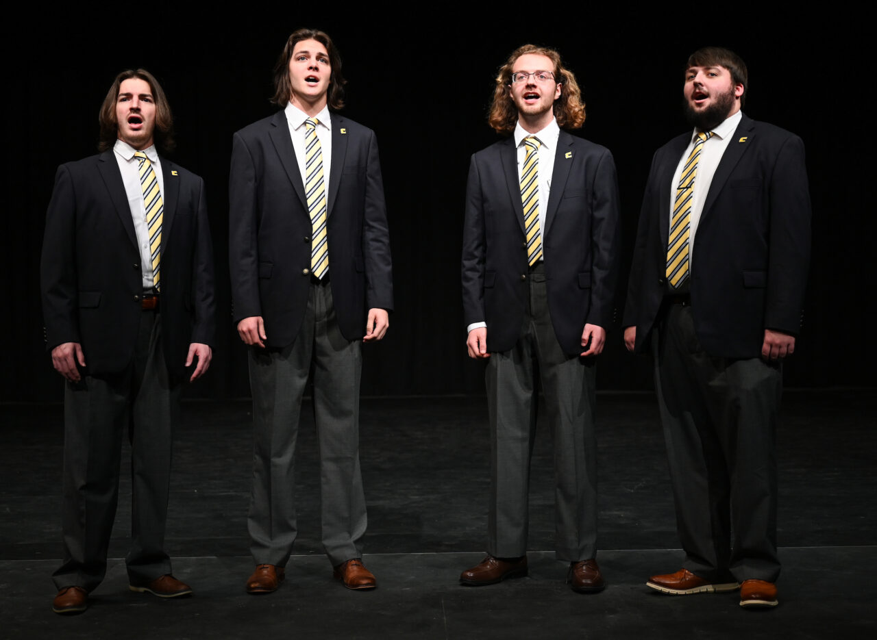 The Guthrie Quartet rehearses Tuesday, Jan. 31, 2023 in the Roland Hayes auditorium. Will Lowery, Owen Langford, Ryan Berry and Gabriel Hubbard, from left.