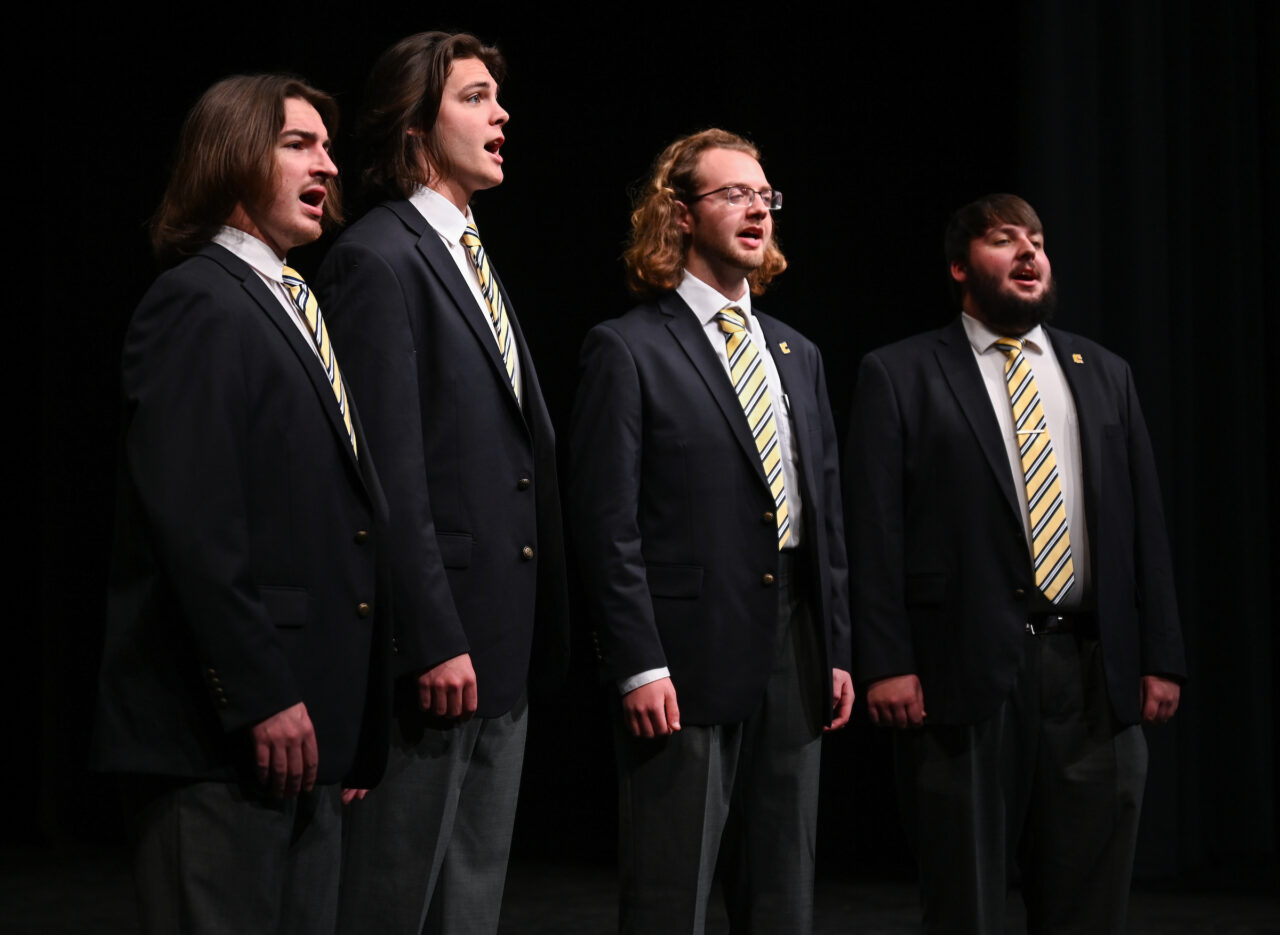 The Guthrie Quartet rehearses Tuesday, Jan. 31, 2023 in the Roland Hayes auditorium. Will Lowery, Owen Langford, Ryan Berry and Gabriel Hubbard, from left.