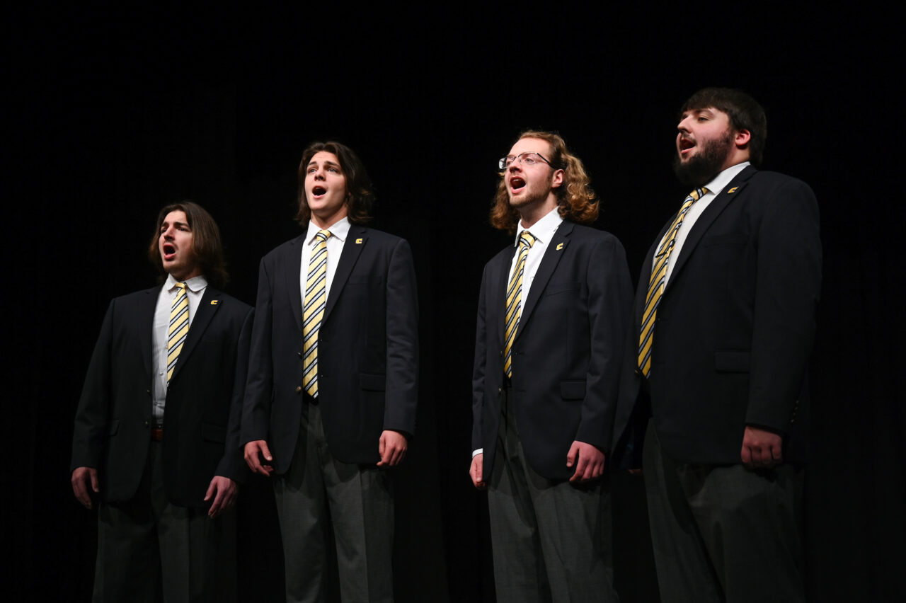 The Guthrie Quartet rehearses Tuesday, Jan. 31, 2023 in the Roland Hayes auditorium. Will Lowery, Owen Langford, Ryan Berry and Gabriel Hubbard, from left.
