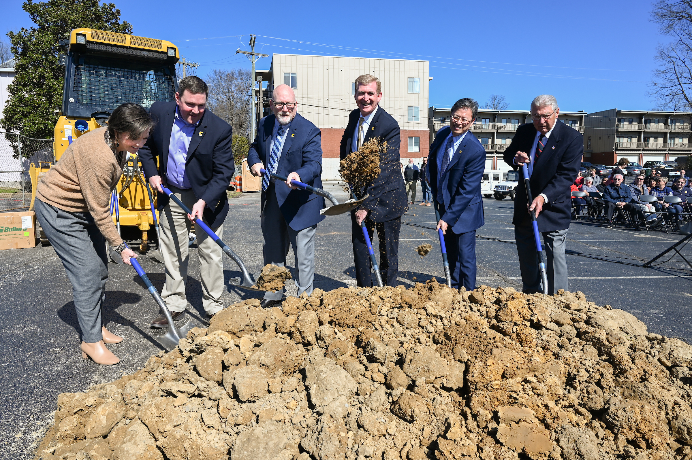 The groundbreaking ceremony for the Innovation and Advanced Manufacturing Application Center (I-AMAC) took place Monday, Feb. 13. From left: Vice Chancellor Kim White, Vice Chancellor Brent Goldberg, Provost Jerold Hale, Chancellor Steven Angle, Dean Daniel Pack and Joe Ferguson, chair of the College of Engineering and Computer Science executive advisory board. Photo by Angela Foster.