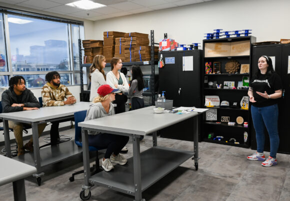 Students in Adam Wolcott’s Innovation and Creativity in Business class tour the Hatch It lab, Thursday, Feb. 16, 2023 in the Mapp Building.