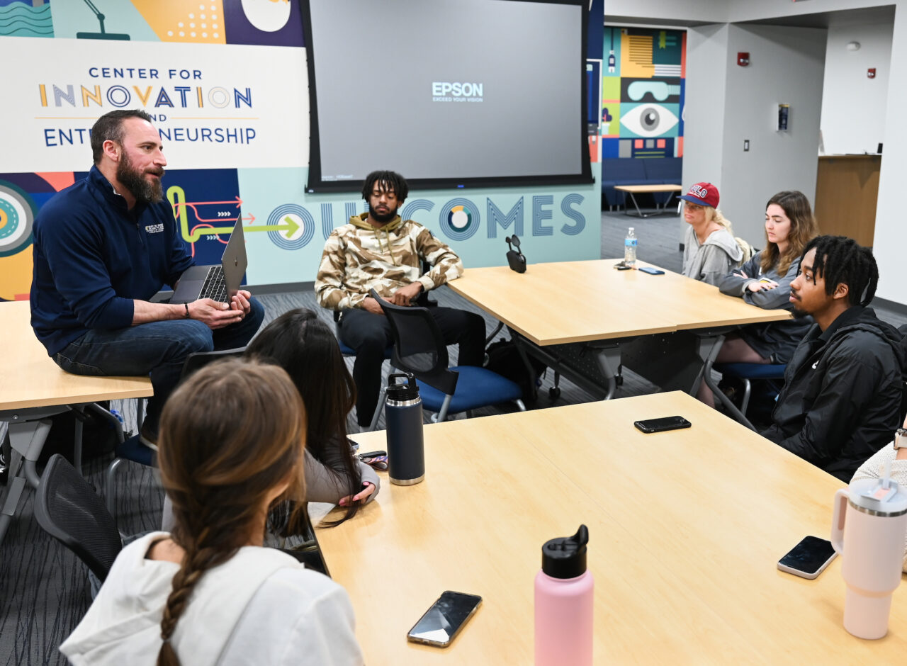 Students in Adam Wolcott’s Innovation and Creativity in Business class toured the Mapp Building's Hatch It! Lab on Feb. 16. Photo by Angela Foster.
