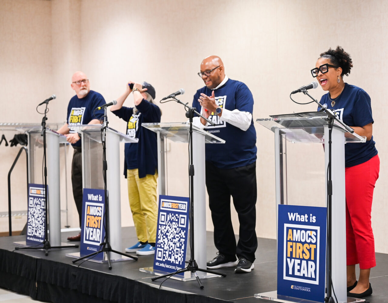 Provost Jerold Hale, left, Honors College Dean Linda Frost, Vice Chancellor Yancy Freeman and Vice Chancellor Stacy Lightfoot participate in SACSCOC UTC Jeopardy at the Feb. 14 Town Hall. Photo by Angela Foster.