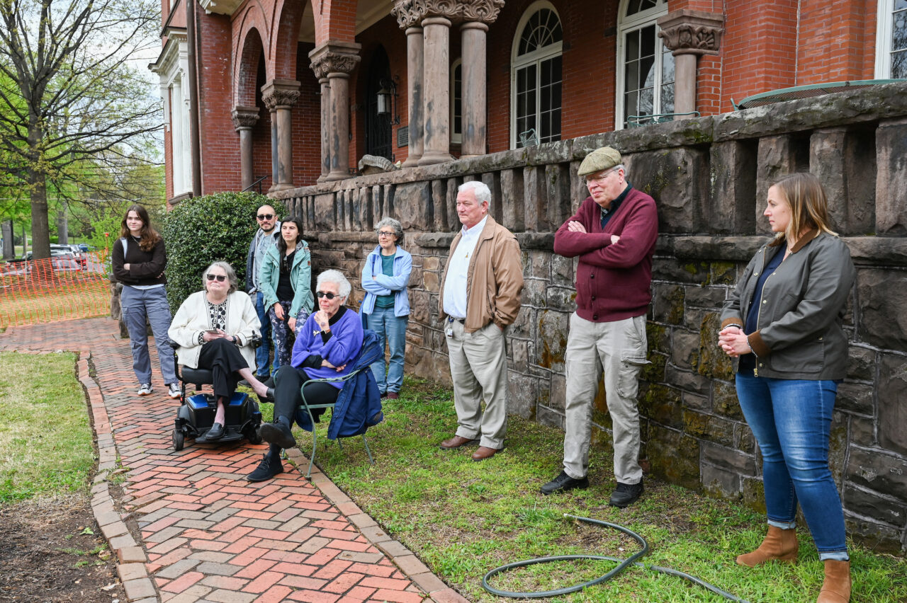 UTC Arbor Day celebration, Friday, March 31, 2023 in front of the Patten House. Hill Craddock, professor Students Nick Funk, green Zach Anderson, blue shirt Anesa Katana, dark shirt