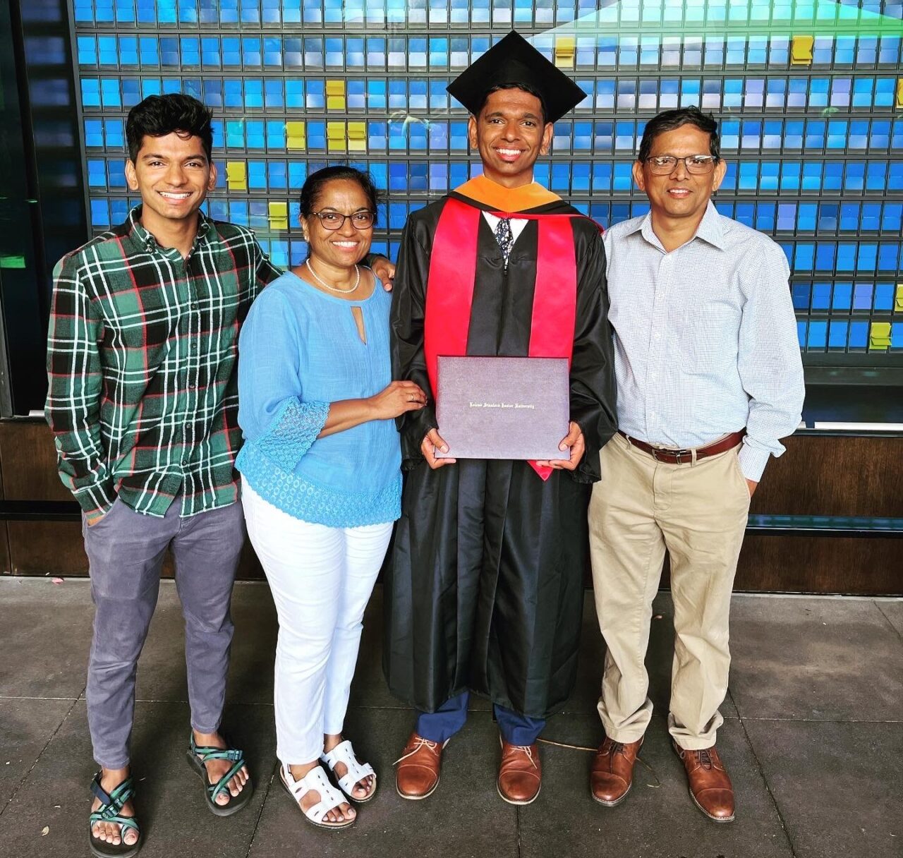 Ashwyn Sam and his family at his Stanford University master's degree graduation. (photo courtesy of Ashwyn Sam).