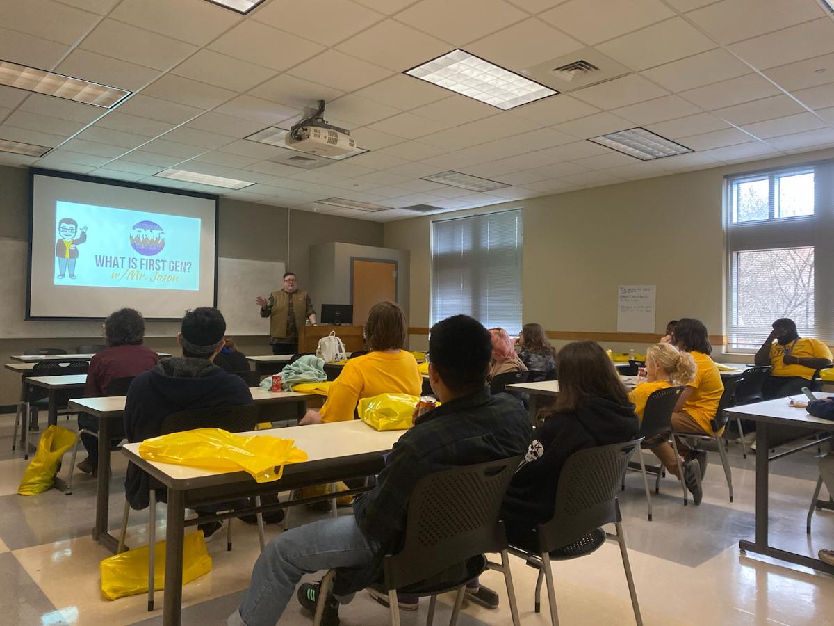 Jason Harville, assistant director of Student Success Programs at UTC, talks to TRIO Day participants about first-gen programming (photo courtesy of Krista McClure).