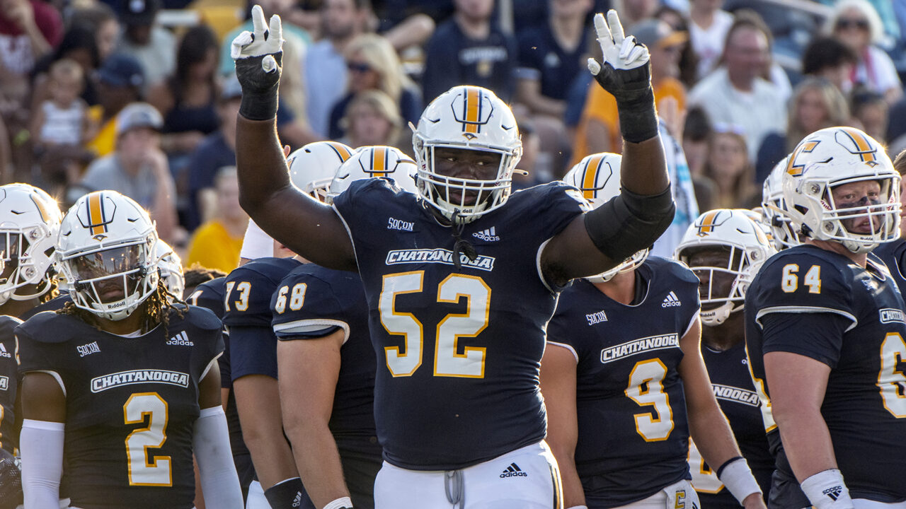 McClendon Curtis (#52) became just the third UTC player all-time to appear in the Senior Bowl and compete in the NFL Combine. Photo credit: Billy Weeks/GoMocs.com.