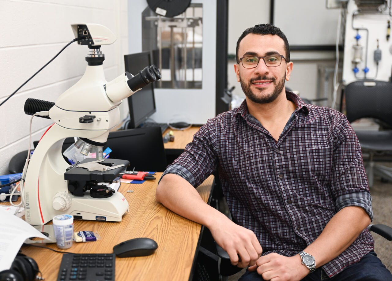 Dr. Hamdy Ibrahim, UTC assistant professor in mechanical engineering, won the $20,000 first prize in the inaugural Fly for Researchers Faculty Pitch Competition. Ibrahim is developing an implant made from a metal alloy that stabilizes broken bones and then is absorbed by the bone once its work is done. Photo by Angela Foster.