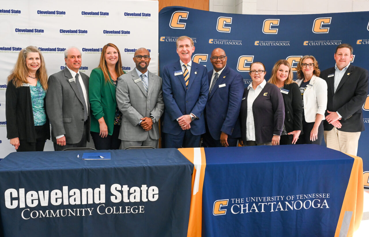 Power C Tour: Cleveland State Edition, Tuesday, Apr. 18, 2023 at Cleveland State Community College. Pictured left to right, Cleveland State’s Michelle Wollert, Coordinator of Academic Advising and Transfer Articulation, Michael Stokes, Vice President of Student Services, Cate Green, Director of Enrollment Services, Corey Campbell, Vice President for Academic Affairs, University of Tennessee at Chattanooga’s Steven Angle, Chancellor, Yancy Freeman, Vice Chancellor of Enrollment Management and Student Affairs, Lee Pierce, Assistant Vice Chancellor for Enrollment Management and Student Affairs, Cassie Mathis, Vice Chancellor of Communications and Marketing, Vicki Farnsworth, Vice Chancellor and Chief Information Officer, Brent Goldberg. Vice Chancellor for Finance and Administration.