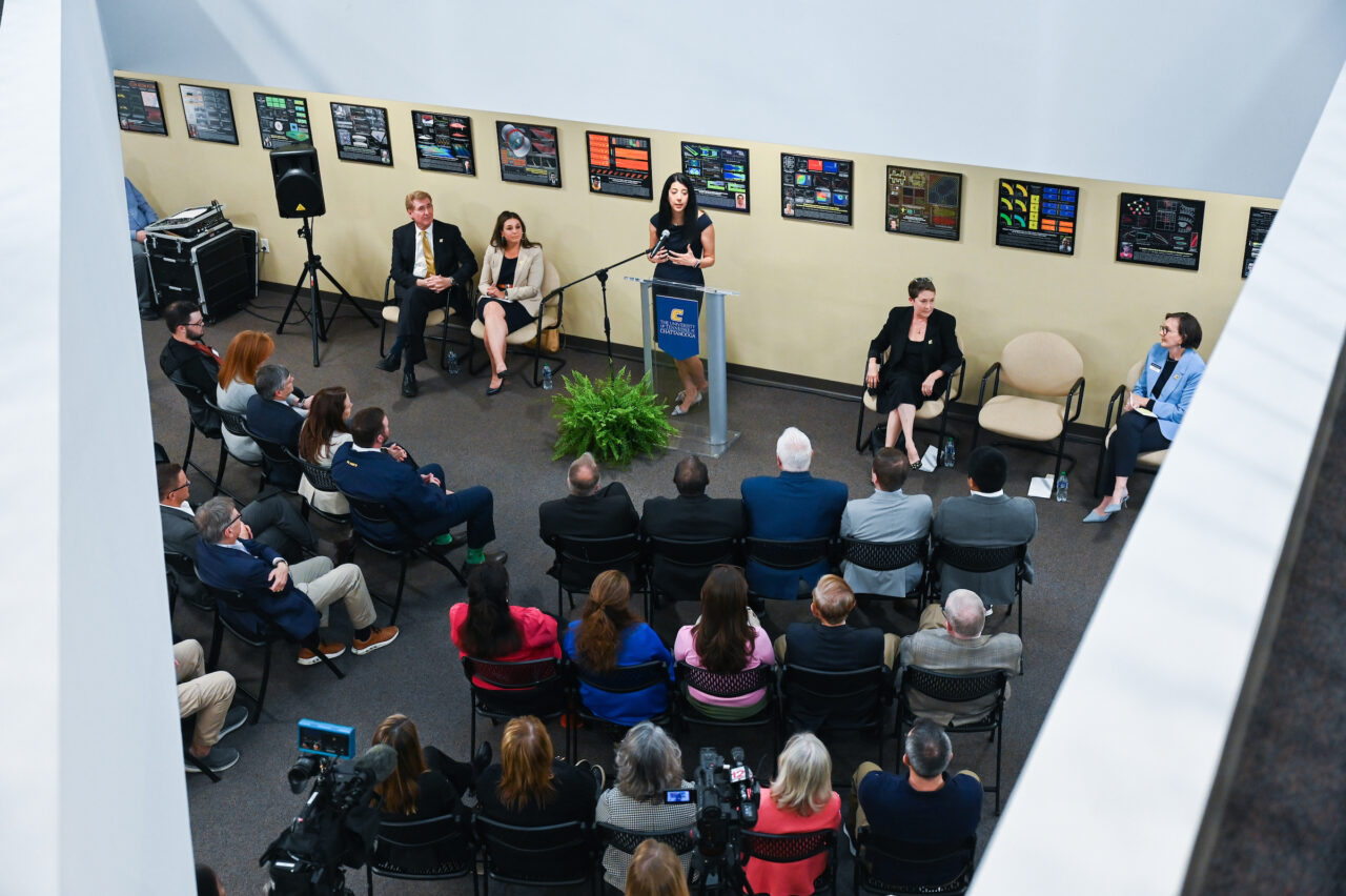 A press conference announcing the launch of the UTC Research Institute took place Monday, May 1, at the Multidisciplinary Research Building. Dr. Mina Sartipi was named executive director of the institute. Photo by Angela Foster.