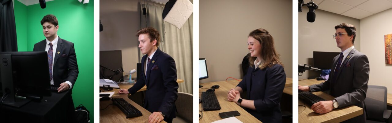 UTC SMILE Fund students (from left) Nick Morris, Grant Fetters, Claire Hoeke and Jacob Barber preparing for their CFA Institute Research Challenge regional semifinal Zoom presentations. Photos by Claire Pittman.