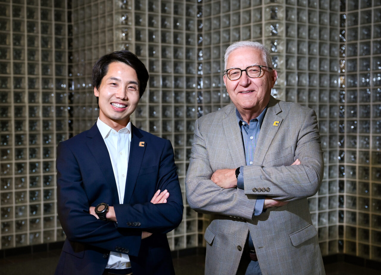 Dr. Tian Li, left, and Dr. Reinhold Mann are two of the research scientists leading UTC into the world of quantum technologies. Photo by Angela Foster.