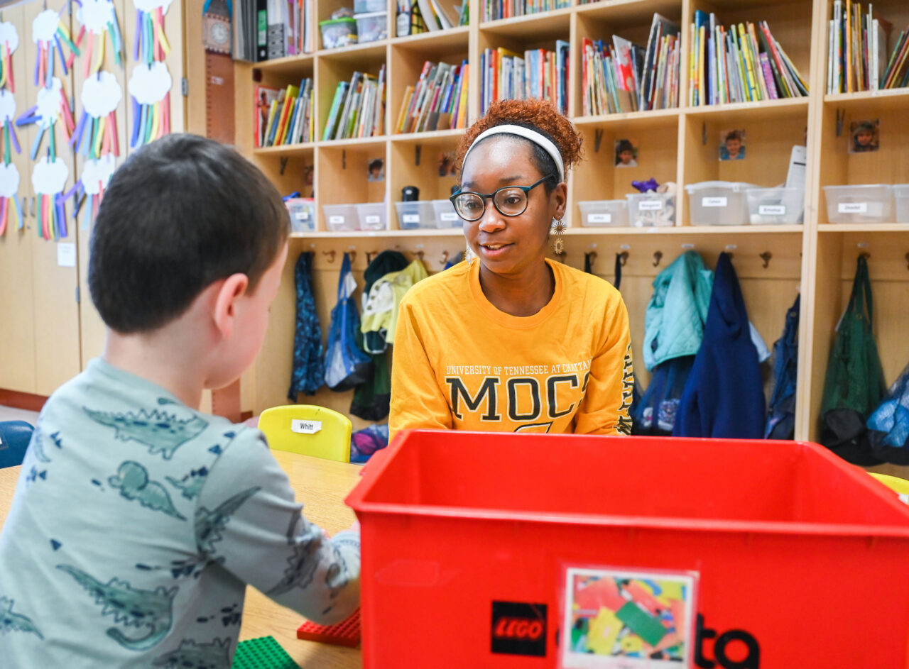 Elementary education major Macaria Hudson, a graduate of the UTC Institute of Teaching and Learning at Tyner Academy, is a student worker in the UTC Children’s Center. Photo by Angela Foster.