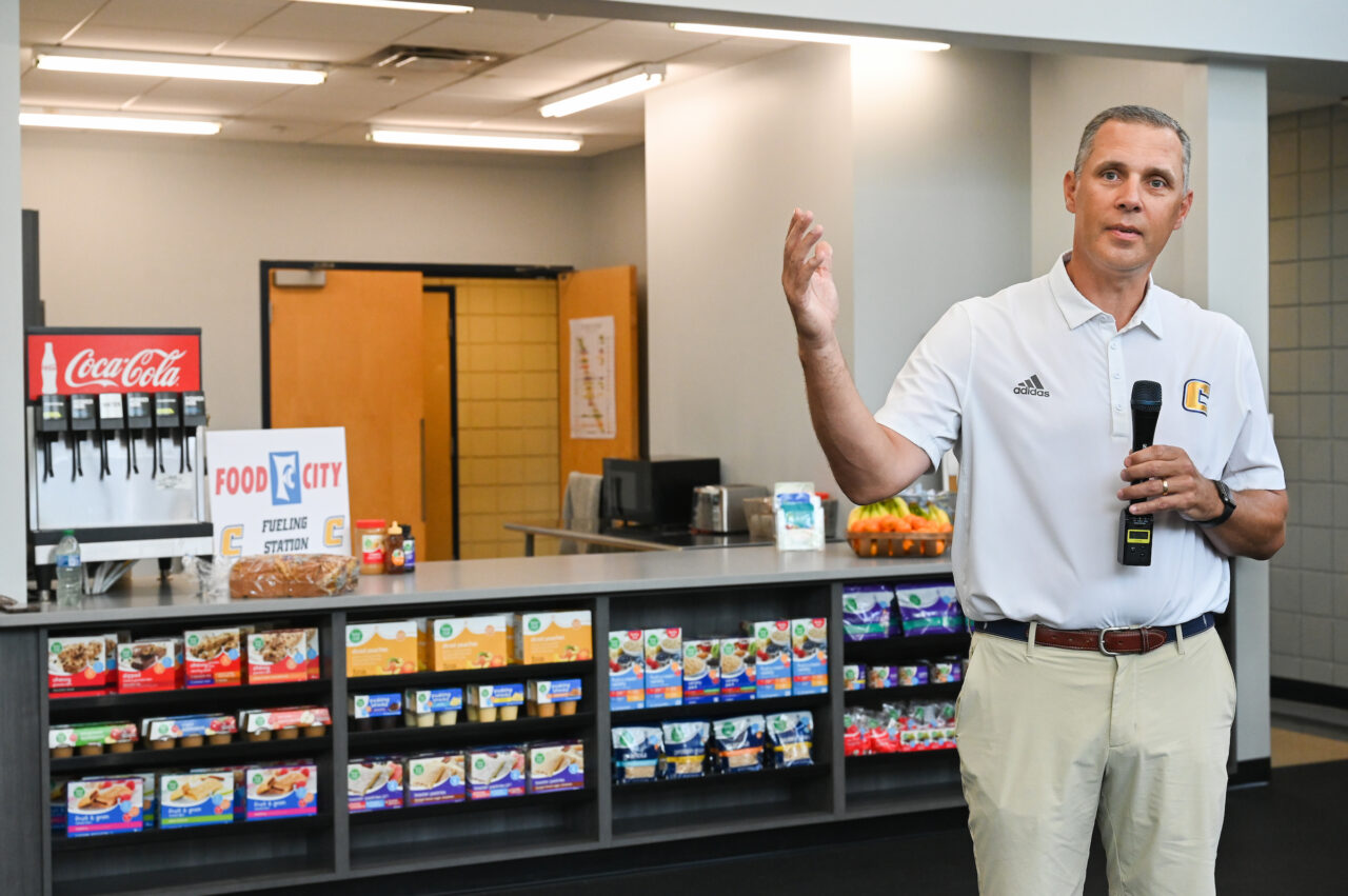UTC football coach Rusty Wright speaks Thursday, May 25 in the Brenda Lawson Student-Athlete Success Center to announce that Food City will be funding a Fueling Station featuring healthy food options for athletes.
