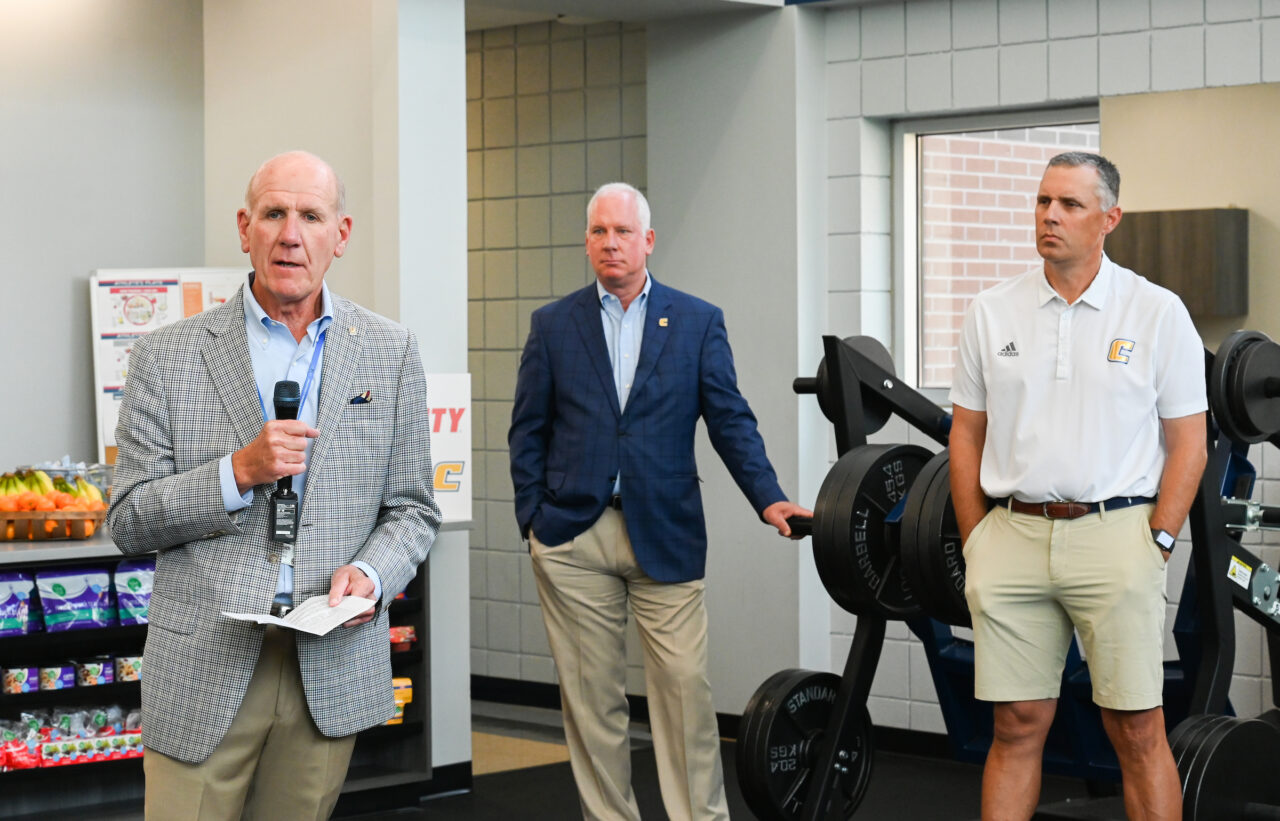 Steve Smith, Food City president and chief executive officer, left, speaks during an event Thursday, May 25 in the Brenda Lawson Student-Athlete Success Center to announce that Food City will be funding a Fueling Station featuring healthy food options for athletes. an event Thursday, May 25 in the Brenda Lawson Student-Athlete Success Center to announce that Food City will be funding a Fueling Station featuring healthy food options for athletes.
