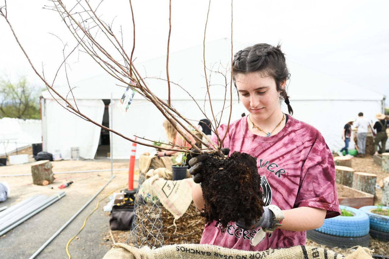 Christina Gibson and students work on a garden as part of her Regenerative Design Principles, Processes, and Methods class on Wednesday, Mar. 8, 2023. She and Lucy Schultz were awarded a $2000 grant from the Walker Center for “Creating a Sustainable Food Forest at the 12th and Peeples Street Camp.”