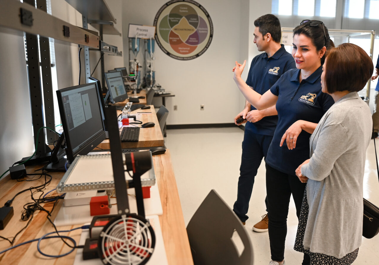 People attend the opening of the second mechatronics laboratory—the Robotics, Intelligent Systems and Control Lab, Thursday, May 4, 2023 in Engineering and Computer Science building.