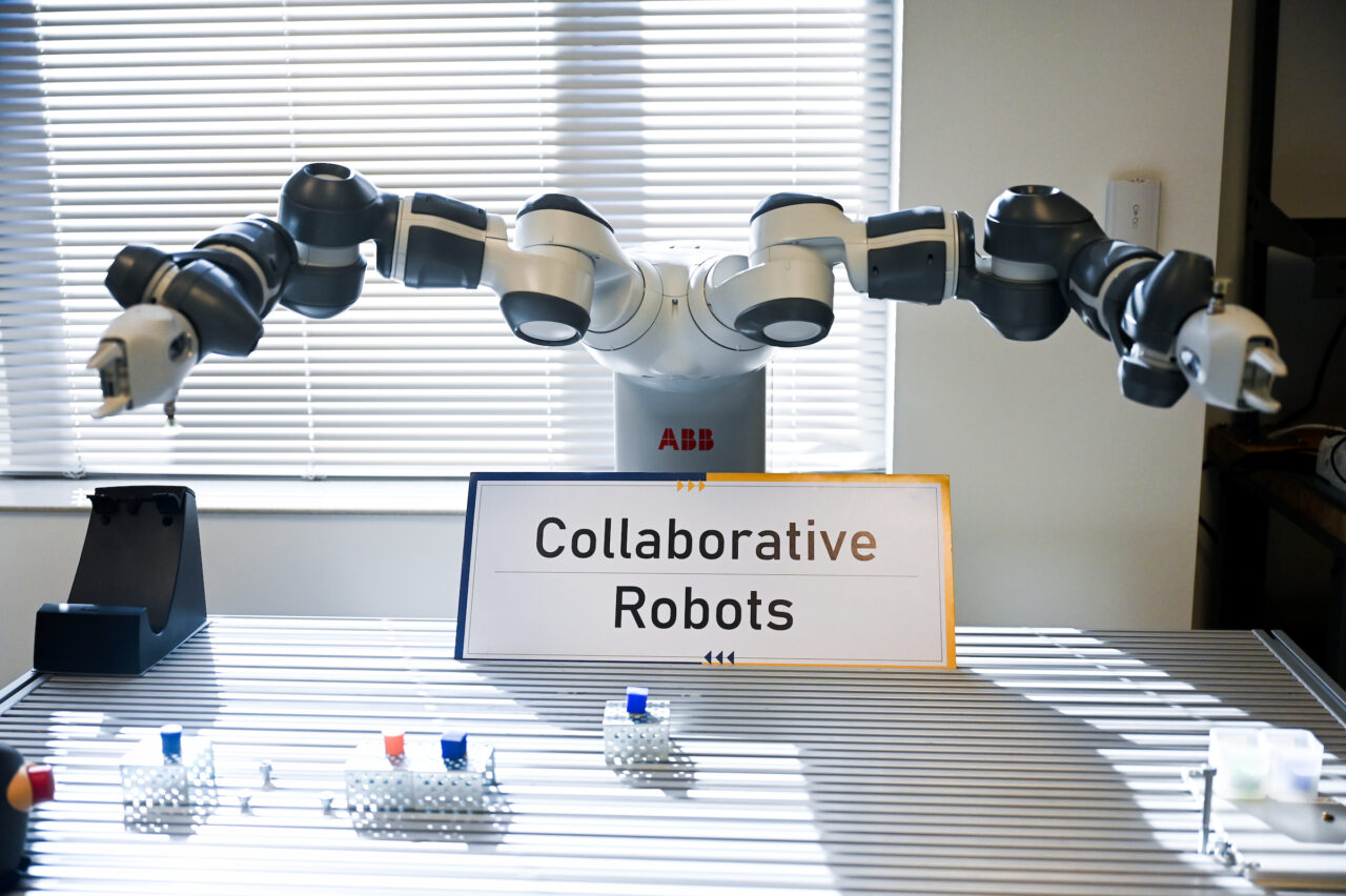 People attend the opening of the second mechatronics laboratory—the Robotics, Intelligent Systems and Control Lab, Thursday, May 4, 2023 in Engineering and Computer Science building.