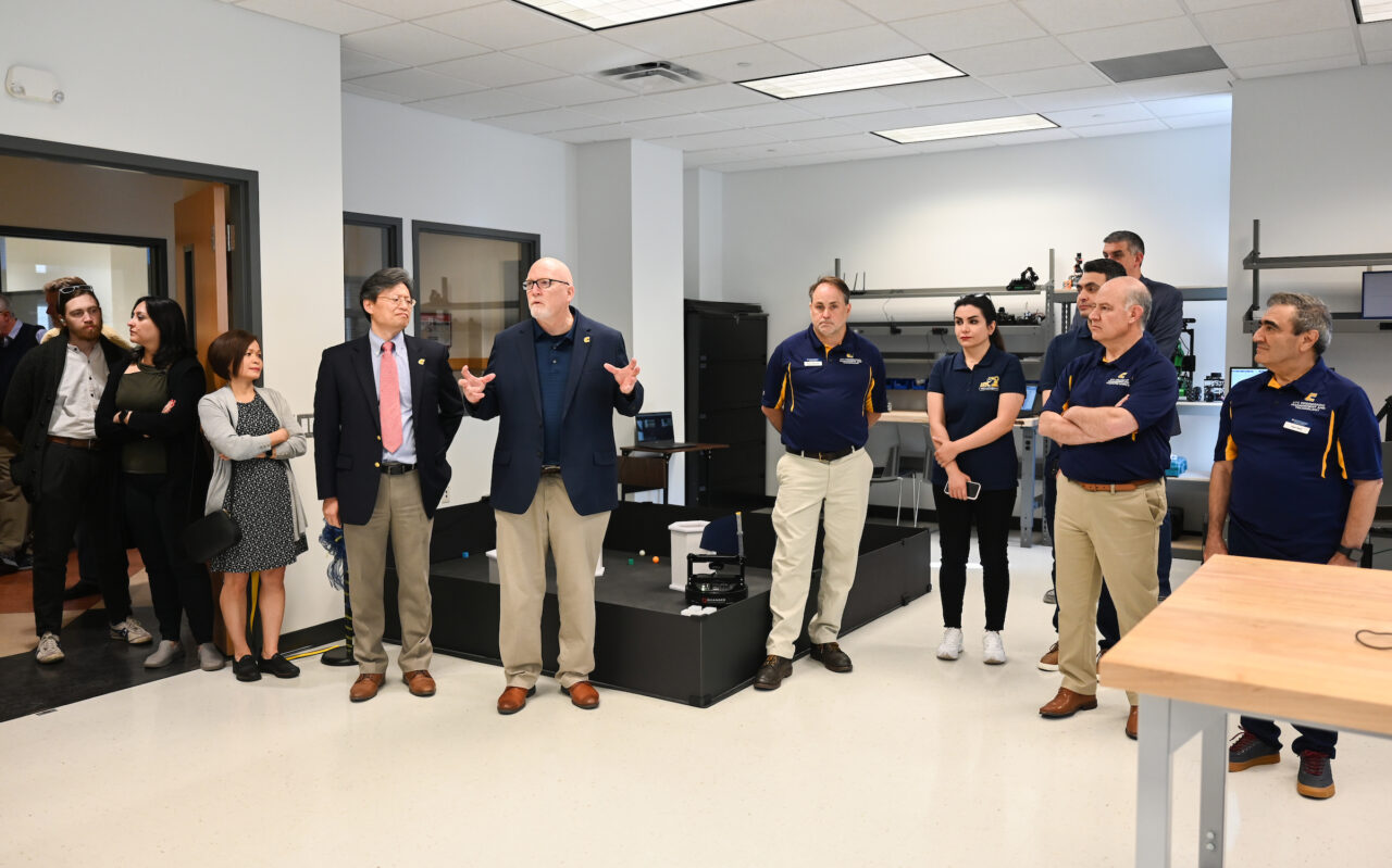 People attend the opening of the second mechatronics laboratory—the Robotics, Intelligent Systems and Control Lab, Thursday, May 4, 2023 in Engineering and Computer Science building.