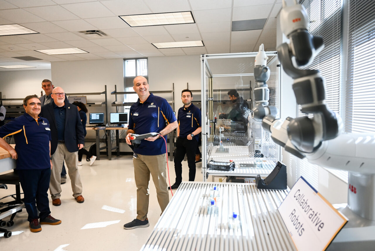 People attend the opening of the second mechatronics laboratory—the Robotics, Intelligent Systems and Control Lab, Thursday, May 4, 2023 in Engineering and Computer Science building.
