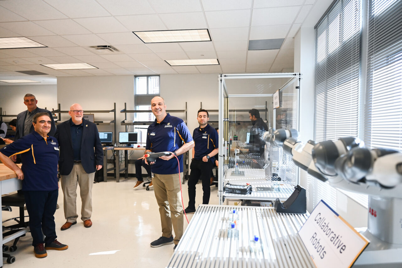 People attend the opening of the second mechatronics laboratory—the Robotics, Intelligent Systems and Control Lab, Thursday, May 4, 2023 in Engineering and Computer Science building.