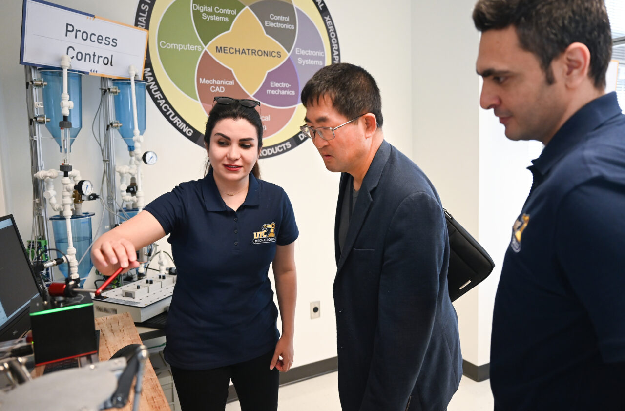 People attend the opening of the second mechatronics laboratory—the Robotics, Intelligent Systems and Control Lab, Thursday, May 4, 2023 in Engineering and Computer Science building.