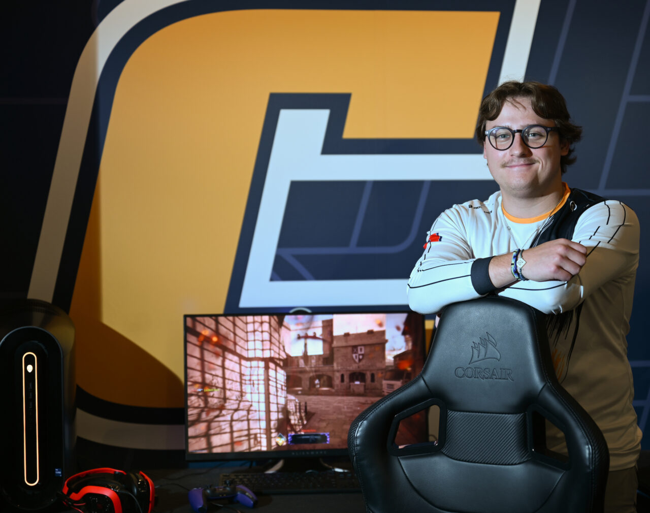 Chase Daffron in the esports area of the University Center game room. The business analytics major was selected second-team All-Conference in College Call of Duty's Southeast region. Photo by Angela Foster.
