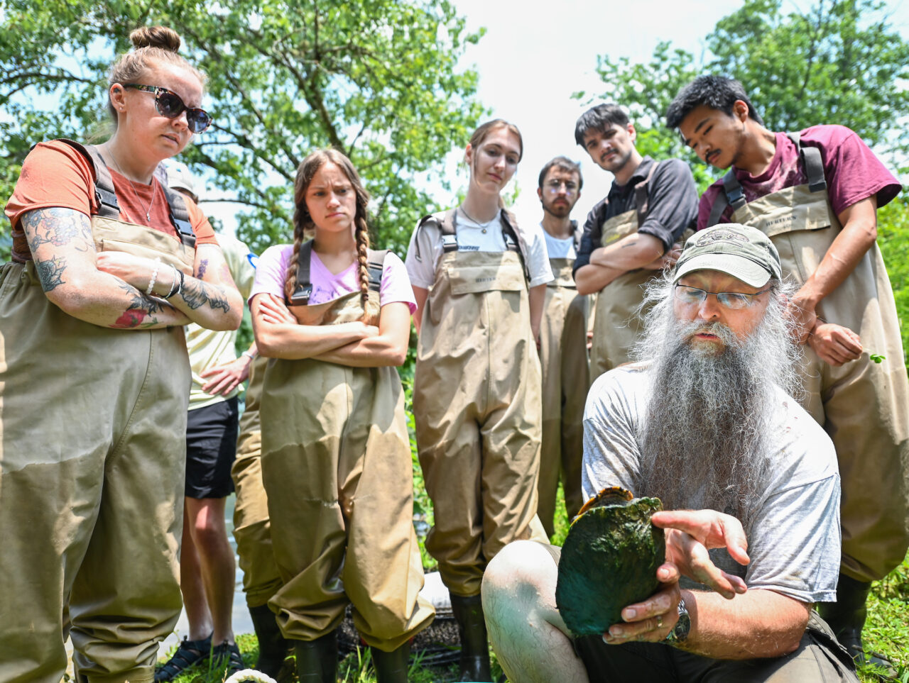 Dr. Thomas Wilson’s Environmental Science Survey Methods class studies turtle research methods Thursday, June 8, on the Tennessee River. Photo by Angela Foster.
