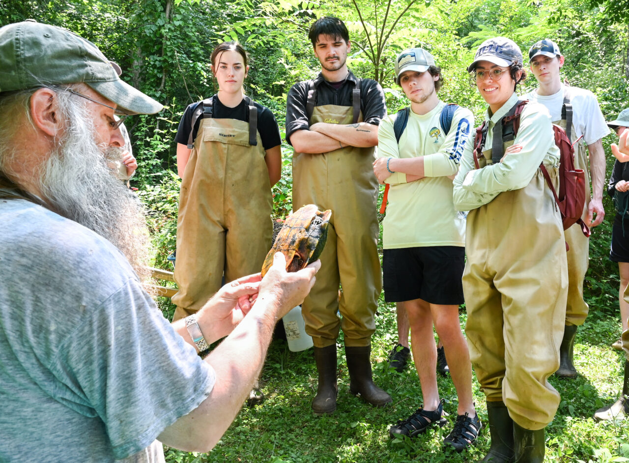 Thomas Wilson’s Environmental Survey Methods class studies turtle research methods Thursday, June 8, 2023 on the Tennessee River.