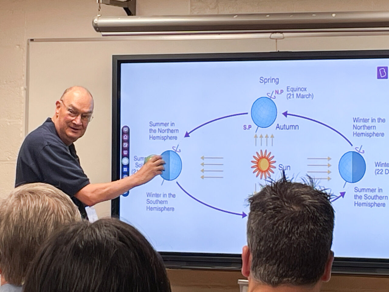 Jack Pitkin, director of the Clarence T. Jones Observatory, explains the summer solstice to a roomful of Summer Solstice Science Seminar attendees.