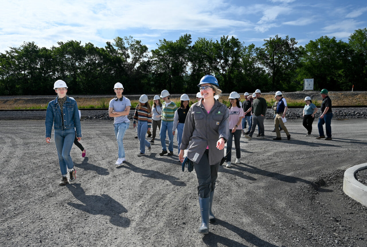 UTC alum Kacee Hedrick, front center, who graduated with a bachelor’s degree in chemical engineering in 2020, leads a group of UTC chemistry faculty and students on a tour at Colonial Chemical in South Pittsburg, Tennessee. Photo by Angela Foster.