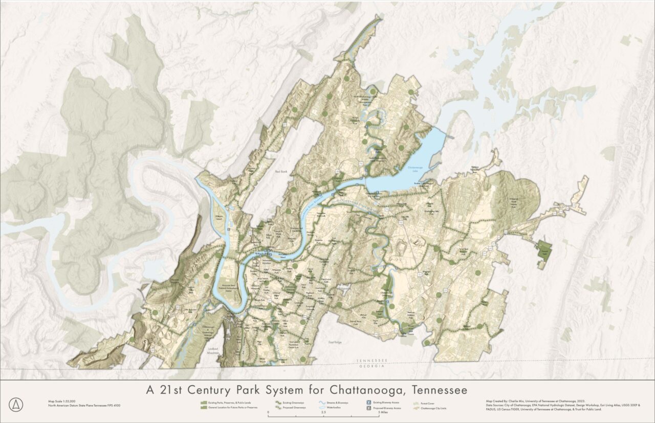 UTC GIS Director Charlie Mix won a Cartography Special Interest Group Excellence Award for “A 21st Century Park System for Chattanooga, Tennessee” at the 2023 Esri User Conference.