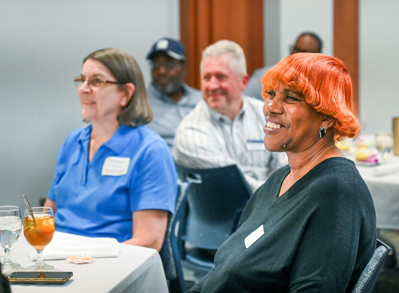 Ruby Jordan, right, senior custodian with Facilities, Planning and Management, was the February 2023 recipient of the Chancellor's Blue Ribbon Award. Photo by Angela Foster.