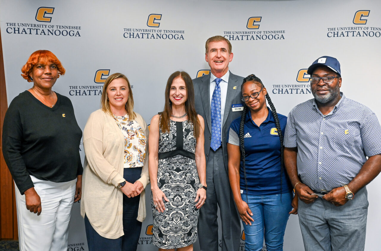 From left: Ruby Jordan, Chelsie Ewing, Leslie Tyler, Chancellor Steve Angle, Shuntika Cox and Steve Jackson (not pictured: Eddrick Brooks)