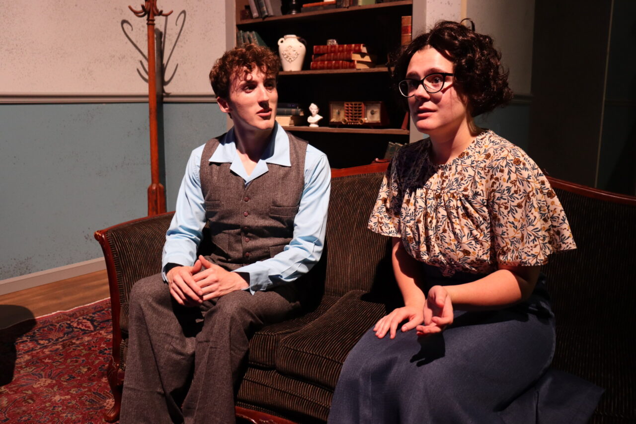 Junior Gage Goza (as Charles Condomine) and sophomore Ellen Rich (as Ruth Condomine) in the UTC Theatre Co.’s “Blithe Spirit,” which will be presented Oct. 3-7 at the UTC Fine Arts Center’s Dorothy Hackett Ward Theatre.”