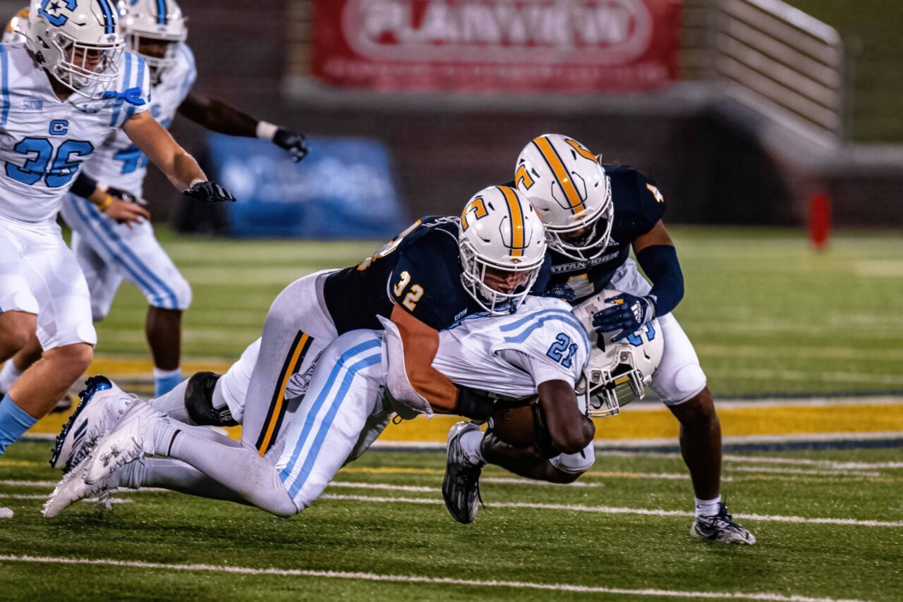 Kobe Joseph (#32) tackles The Citadel's Romello Jones Sept. 16 at Finley Stadium (photo credit: Ray Soldano/GoMocs.com).