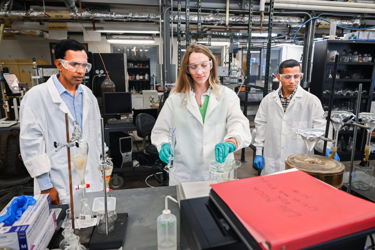 Professor Jejal Bathi, and students Laura Wright and Mithu Chanda work Tuesday, Sept. 19, in the Engineering and Computer Science building. Photo by Angela Foster.