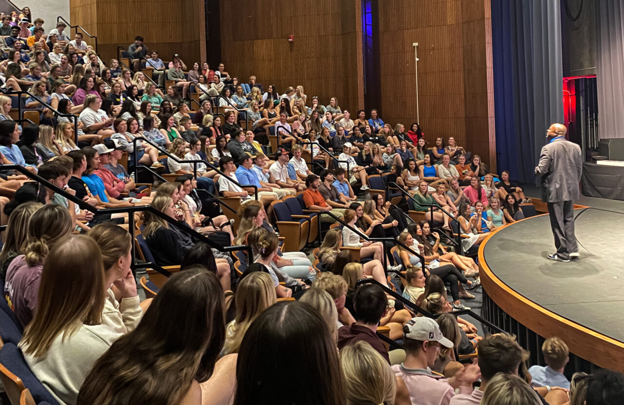 Dr. Jason Meriwether, author and editor of “Dismantling Hazing in Greek-Letter Organizations: Effective Practices for Prevention, Response, and Campus Engagement," leads a National Hazing Prevention Week discussion on Tuesday, Sept. 26 (photo by Hunter Green).